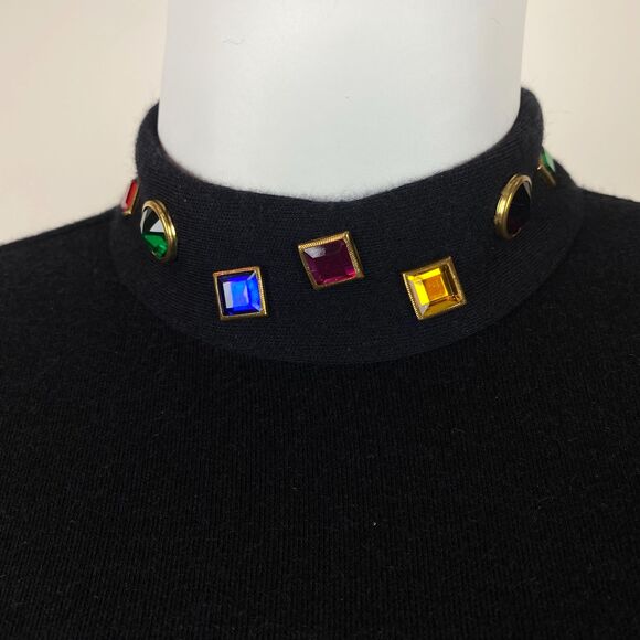 VTG Black Dress Multicolored Rhinestone Mock Neck Stretch Long Sleeve 80s 90s - Picture 8 of 8